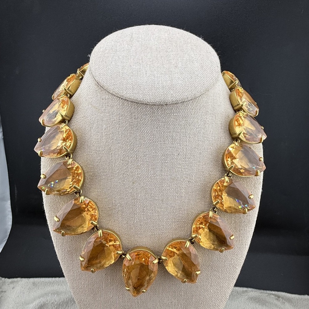 JCrew Chunky Rhinestone Orange Necklace‎ Gold Tone Signed 18"